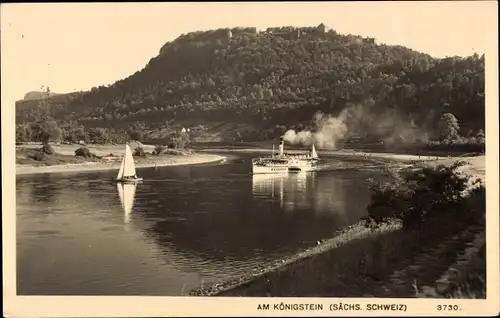 Ak Königstein an der Elbe Sächsische Schweiz, Dampfer, Segelboot, Festung