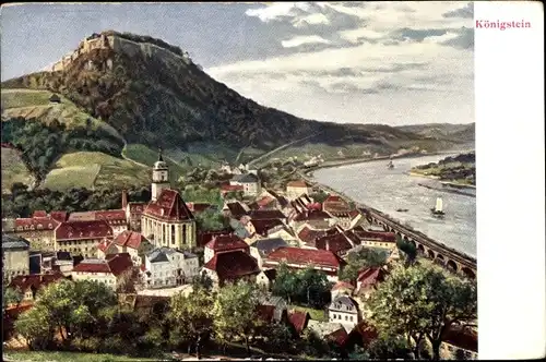 Künstler Ak Königstein an der Elbe Sächsische Schweiz, Blick auf Ortschaft und Elbe