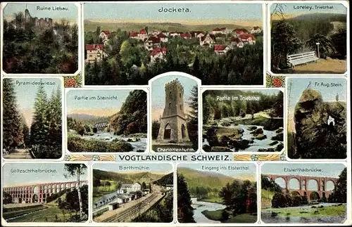 Ak Jocketa Pöhl Vogtland, Ruine Liebau, Charlottenturm, Loreley, Göltzschtalbrücke, Barthmühle