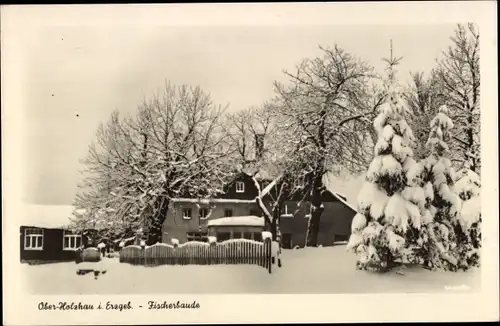 Ak Ober Holzhau Rechenberg Bienenmühle Erzgebirge, Fischerbaude im Schnee