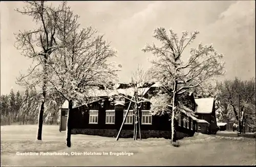 Ak Ober Holzhau Rechenberg Bienenmühle Erzgebirge, Gaststätte Fischerbaude im Schnee