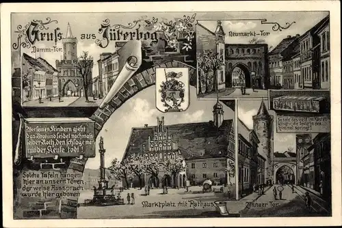 Ak Jüterbog in Brandenburg, Wappen, Dammtor, Neumarkt Tor, Marktplatz mit Rathaus, Zinnaer Tor