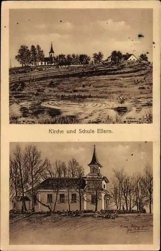 Künstler Ak Ellern im Hunsrück, Kirche und Schule