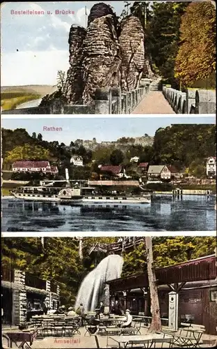 Ak Rathen an der Elbe Sächsische Schweiz, Amselfall, Basteifelsen und Brücke