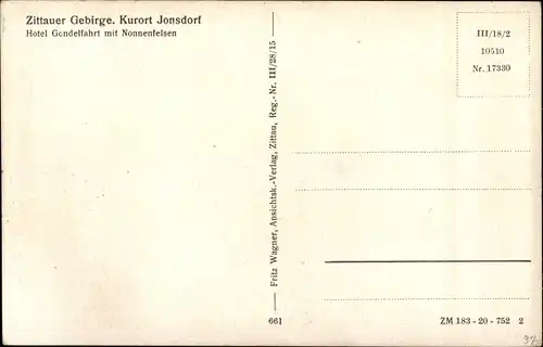 Ak Jonsdorf in Sachsen, Zittauer Gebirge, Hotel Gondelfahrt mit Nonnenfelsen