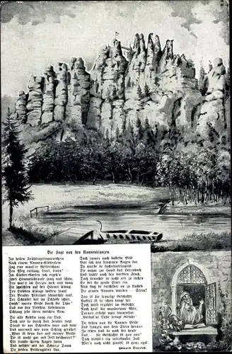 Künstler Ak Jonsdorf Sachsen, Die Sage von den Nonnenklunzen, Felsformation, Nonne am Klosterfenster
