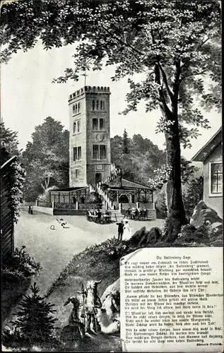 Künstler Ak Neukirch in der Lausitz, Valtenberg Sage, Turm, Zwerge