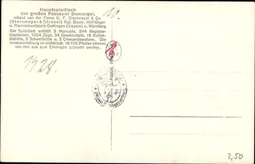 Ak Passau in Niederbayern, Hauptspieltisch der großen Passauer Domorgel