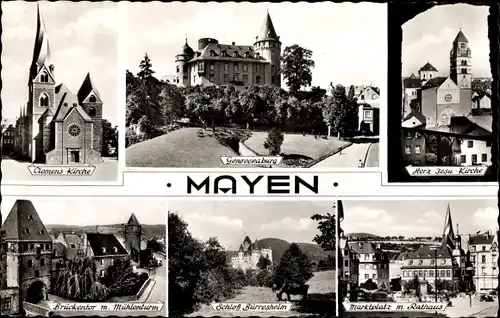 Ak Mayen in der Eifel, Clemens-Kirche, Genovevaburg, Herz-Jesu-Kirche, Schloss Bürresheim, Rathaus