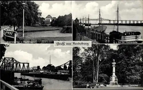 Ak Rendsburg in Schleswig Holstein, Arsenalgarten, Stadttheater, Hochbrücke, Drehbrücke, Denkmal