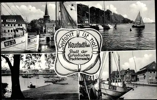 Ak Neustadt in Holstein, Teilansichten, Hafen, Fischerboote, Seefahrt ist Not