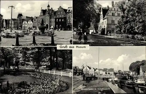 Ak Husum in Nordfriesland, Groß-Straße, Markt, Haus Cornils, Schlossgarten, Binnenhafen, Werft