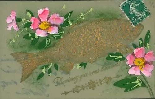 Zelluloid Ak Glückwunsch 1. April, Fisch, Blumen