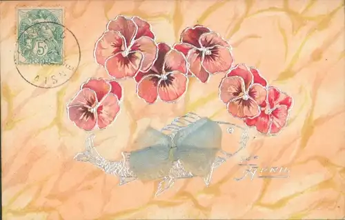 Präge Stoff Ak Glückwunsch 1. April, Fisch, Stiefmütterchen, Stoffschleife