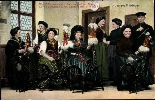 Ak Gruß aus Thüringen, Frauen an Spinnrädern, Traditionelle Trachten
