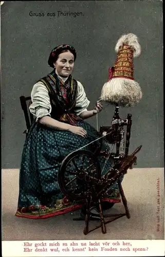 Ak Frau in thüringer Volkstracht am Spinnrad
