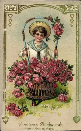 Präge Ak Glückwunsch Geburtstag, Kind, Blumenkorb, Rosen