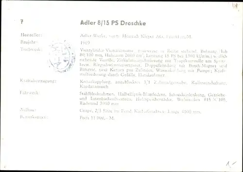 Ak Adler 8/15 PS Droschke, Automobil