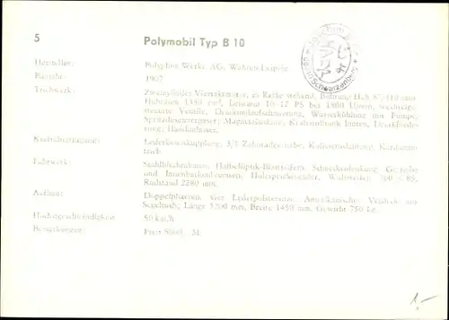 Ak Polymobil Typ B 10, Polyphon Werke AG, Wahren Leipzig, Baujahr 1907