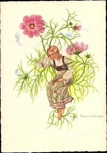 Künstler Ak Wasserkampf, Herta, Frau sitzt in einer Blume, Schmuckkörbchen, Cosmea