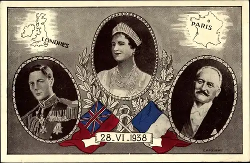 Ak King George VI., Queen Elizabeth Bowes Lyon, Président Albert Lebrun, 28.6.1938, London, Paris