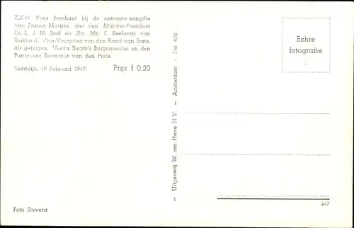 Ak Prins Bernhard, Minister President Dr. L. J. M. Been en Jhr. Mr. F. Beelaerts van Blokland, 1947