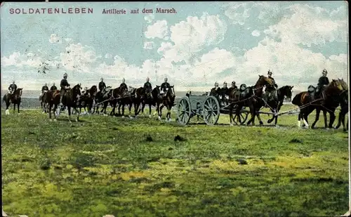 Ak Artillerie auf dem Marsche, Soldaten, Zugpferde