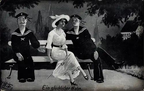 Künstler Ak Wietz, O., Ein glücklicher Wahn, Frau mit zwei Matrosen auf einer Bank