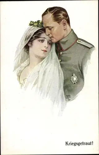 Künstler Ak Kriegsgetraut, Soldat mit Frau, Hochzeitspaar