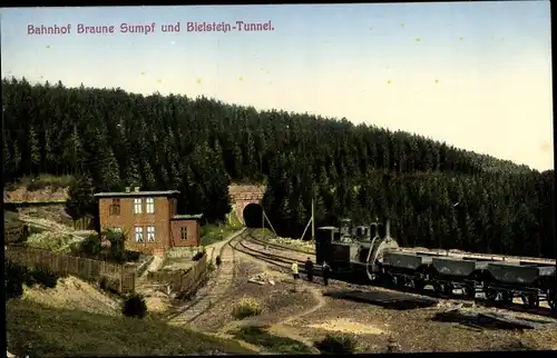 Ak Blankenburg am Harz, Bahnhof Braune Sumpf und Bielsteintunnel, Harz Zahnradbahn