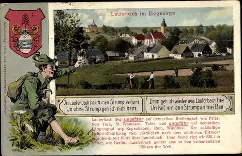 Wappen Ak Lauterbach Marienberg im Erzgebirge, Wanderer, In Lauterbach ha ich men Strump verlorn