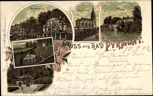 Litho Bad Pyrmont in Niedersachsen, Brunnenplatz, Schloss, Evangelische Kirche