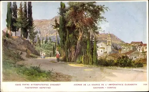Künstler Ak Gastouri Korfu Griechenland, Avenue de la Source de l'Imperatrice Elisabeth