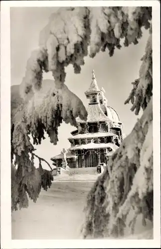 Ak Radhosti Reg. Mährisch Schlesien Tschechien, Kapelle am Radhoscht im Winter