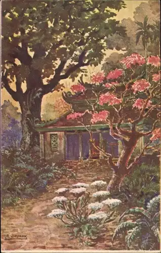 Künstler Ak Annam Vietnam, Pagoda, Blühender Baum
