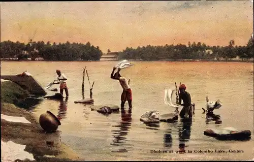 Ak Colombo Ceylon Sri Lanka, Dhobies at work in Colombo Lake