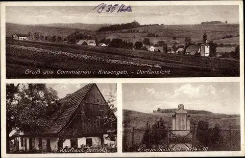 Ak Commienau im Riesengebirge Reg. Königgrätz ?, Kaufhaus Gernoth, Kriegerdenkmal