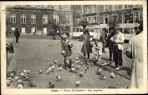 Ak Liège Lüttich Wallonien, Place St. Lambert, Les pigeons, Straßenbahn