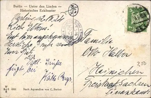 Künstler Ak Barber, C., Berlin Mitte, Unter den Linden, Historisches Eckfenster