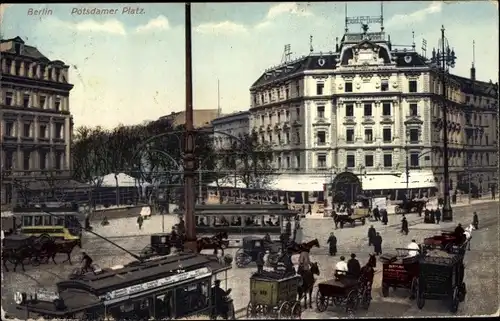 Ak Berlin Tiergarten, Potsdamer Platz, Kutschen, Straßenbahn