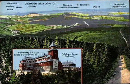 Ak Oberwiesenthal Erzgebirge, Fichtelberg mit Unterkunftshaus, Weipert, Neudorf