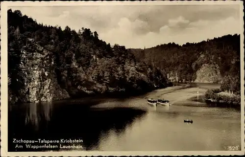 Ak Lauenhain Mittweida in Sachsen, Zschopau Talsperre Kriebstein, Am Wappenfelsen, Boote