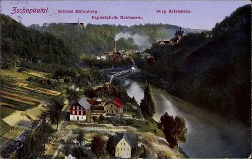 Ak Kriebstein Mittelsachsen, Schloss Ehrenberg, Papierfabrik, Burg Kriebstein, Zschopautal