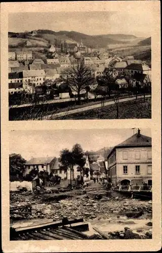 Ak Bad Gottleuba in Sachsen, Brücke an der Schule vor und nach dem Unwetter im Juli 1927