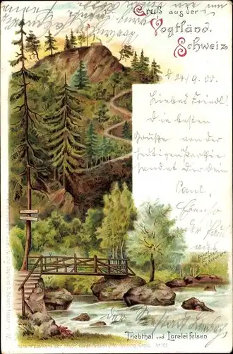 Litho Trieb Jocketa Pöhl Vogtland, Triebtal und Loreleifelsen, Brücke, Wanderweg