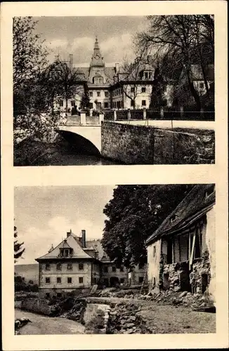 Ak Bad Gottleuba, Blick auf Schloß Gießenstein vor und nach dem Unwetter im Juli 1927, Brücke