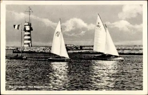 Ak Warnemünde Rostock in Mecklenburg, Segelboote von Regatta zurück