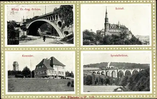 Ak Plauen im Vogtland, König Fr.-August-Brücke, Schloss, Kemmler, Syratalbrücke