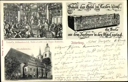 Ak Jüterbog in Brandenburg, Nicolaikirche, Tetzels Ablasshandel Holzschnitt von Hans Holbein