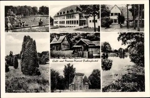 Ak Fallingbostel Lüneburger Heide, Freibad, Jugendherberge, Schule, Löns Denkmal, Hof der Heidmark